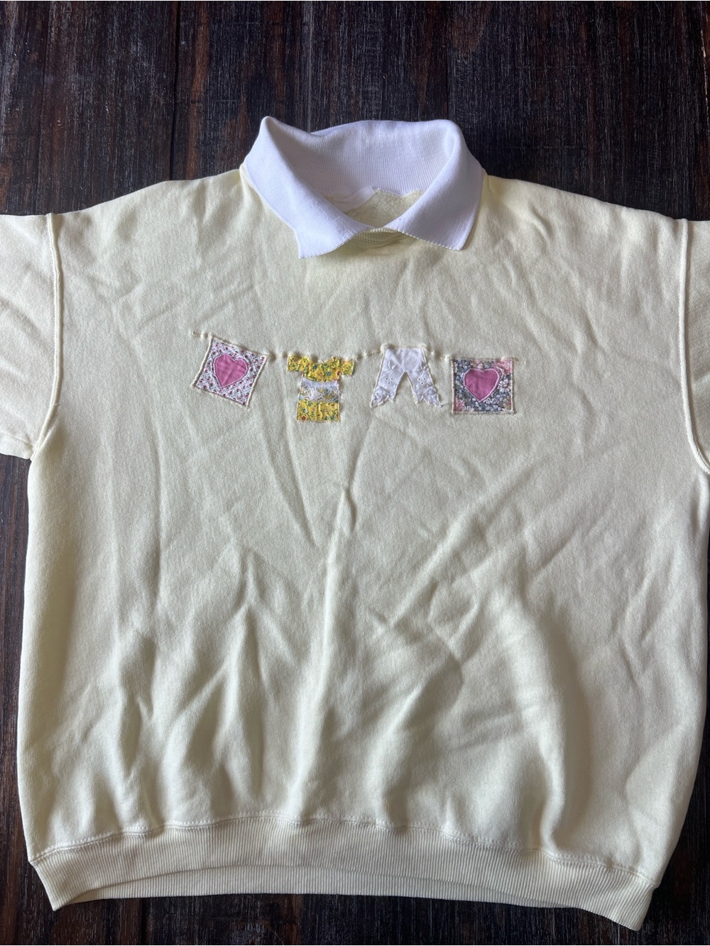 Vintage Cream Polo-Collar Sweatshirt with Heart Appliqués. Cottage core.